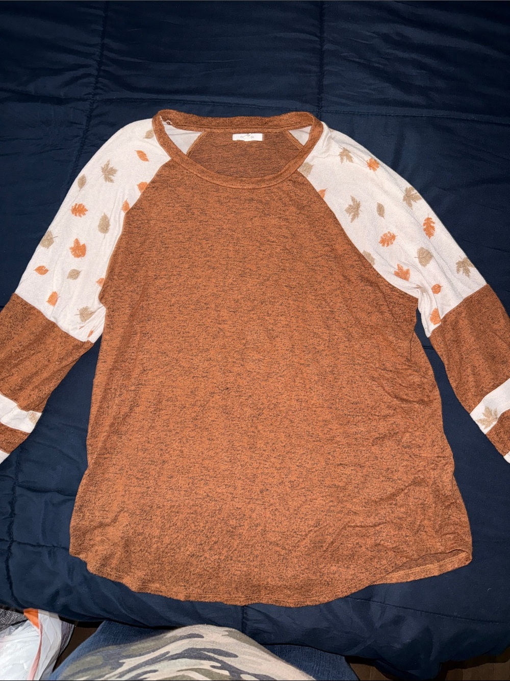 Maurices Rust Orange Raglan Top with Leaf-Print Sleeves